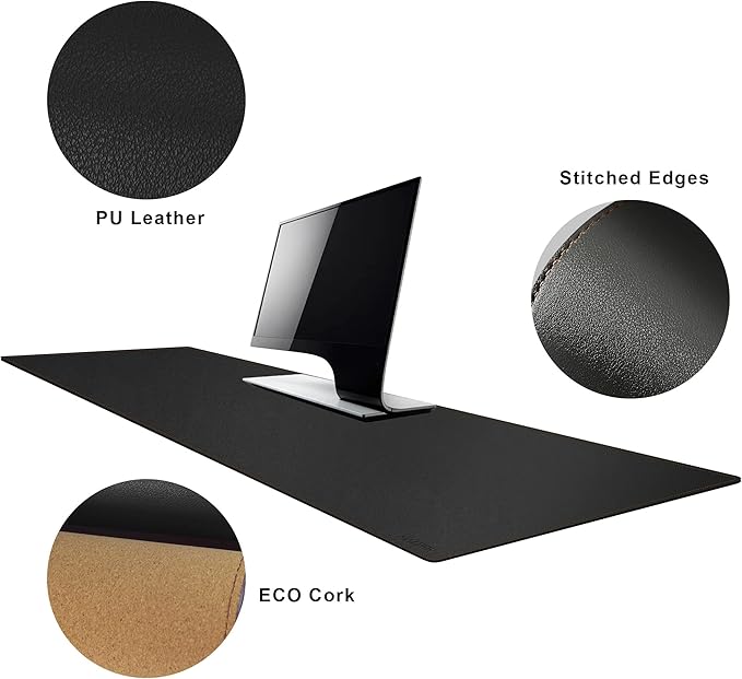 MAIDERN 55' x 15.7' Cork & Leather Desk Mat, XXL Dual Sided Desk Pad Protector for Gaming & Home Office (Black)