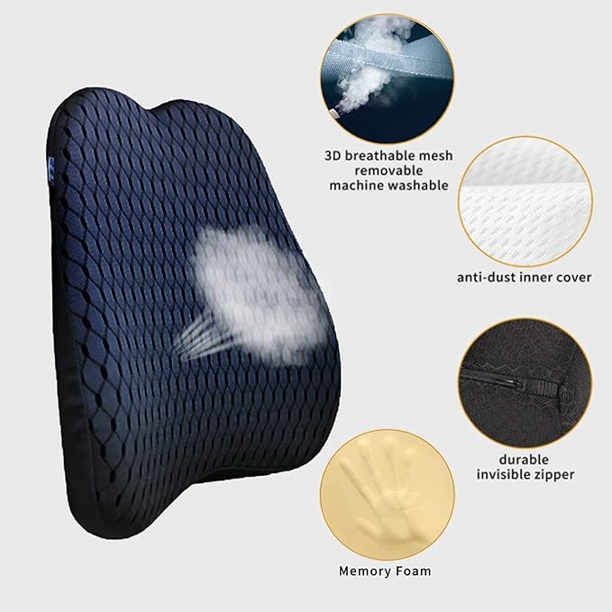 Memory Foam car Lumbar Support Pillow - Memory Foam Back Cushion - Used for car Seats, Office Chairs, recliners, Sofas, etc. (Black)
