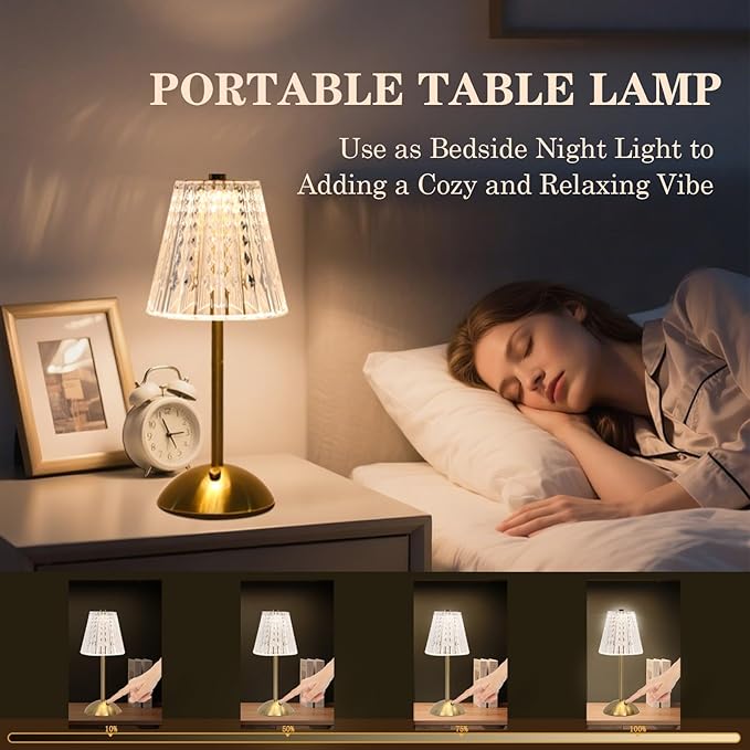Crystal Table Lamp, 5000mAh Rechargeable Battery Lamp with Touch Control, 3 Color Temperatures, Dimmable Brightness, Matte Aluminum Light for Bedroom/Bar/Kitchen/Outdoor, Gift for Home Décor