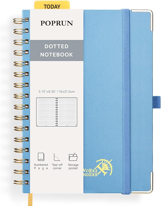 POPRUN Spiral Dotted Journal Notebook, [A5-5.75'' x 8.25''] - 120 GSM Thick Paper, 141 Numbered Pages, Hardcover for Men & Women with Pocket, Index Tabs, 8 Perforated Sheets, Haze Blue