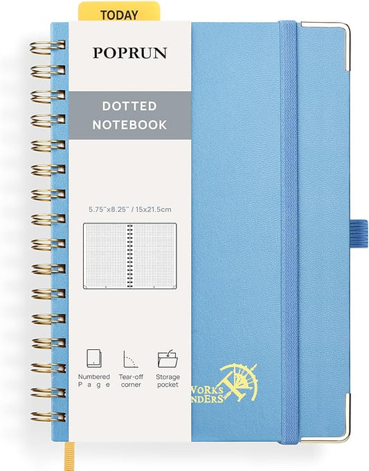 POPRUN Spiral Dotted Journal Notebook, [A5-5.75'' x 8.25''] - 120 GSM Thick Paper, 141 Numbered Pages, Hardcover for Men & Women with Pocket, Index Tabs, 8 Perforated Sheets, Haze Blue