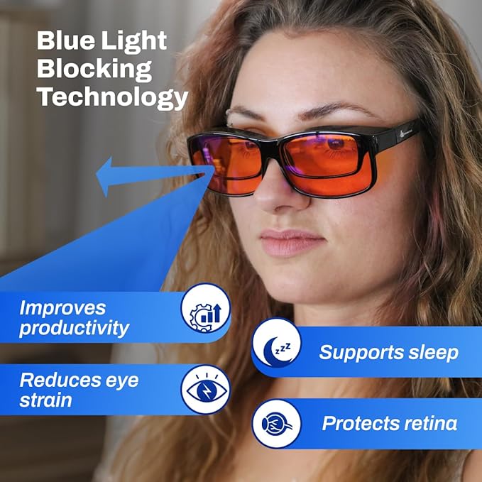 DefenderShield Premium Fit-Over Blue Light Blocking Glasses - Superior Blocking from Gaming PC & Cell Phone Screen Glare.