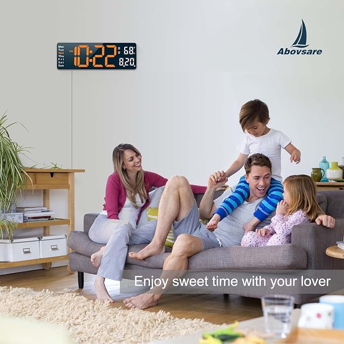 Digital Wall Clock for Living Room Decor, Desk Alarm Clock for Bedroom, Large Wall Clock with Remote Control, Automatic Brightness Dimmer LED Clock with Date Temperature Week (Orange-B)