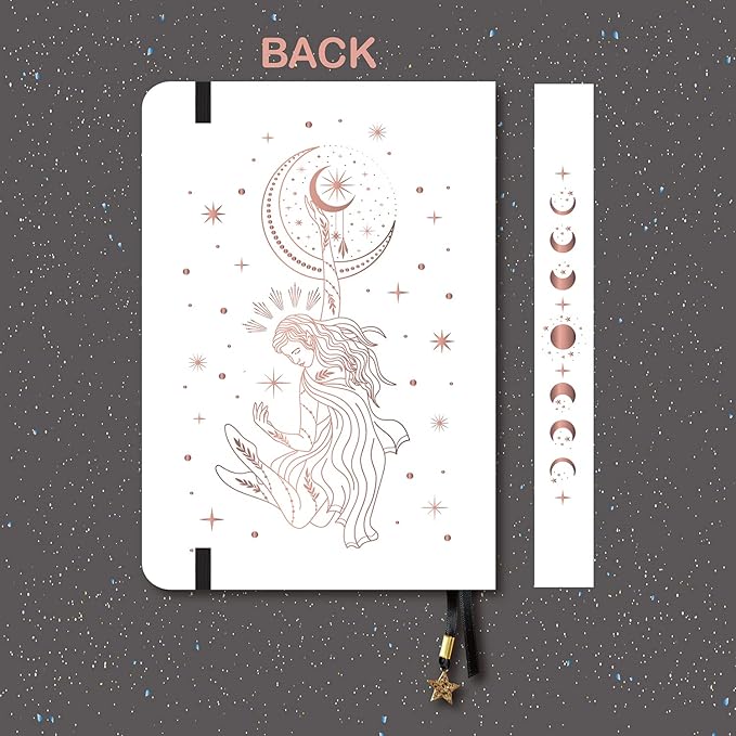 BUKE Medium A5 Hardcover Notebook Dotted Journal - 180Gsm Thick Bamboo Paper - 160 Dot Grid Pages 5x5 MM - White Color Faux PU Leather Cover - Rose Gold Edge And Moons (A5, White)