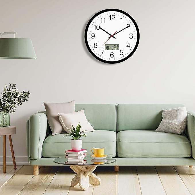 Digital Wall Clock with Lighted LCD Display Temp, Week, Switchable Time and Perpetual Calendar, DST Function, Silent Battery Operated Analog Clock for Office Bedroom Classroom (12", Black)