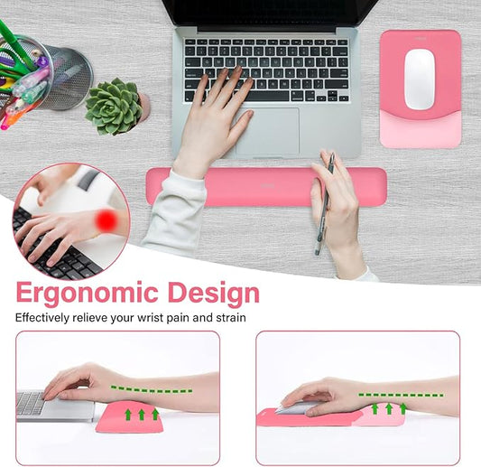MOSISO Wrist Rest Support for Mouse Pad&Keyboard Set, Rectangular Ergonomic Mousepad Non-Slip Base Home/Office Pain Relief&Easy Typing Pad with Neoprene Cloth&Raised Curved Memory Foam, Melon Pink