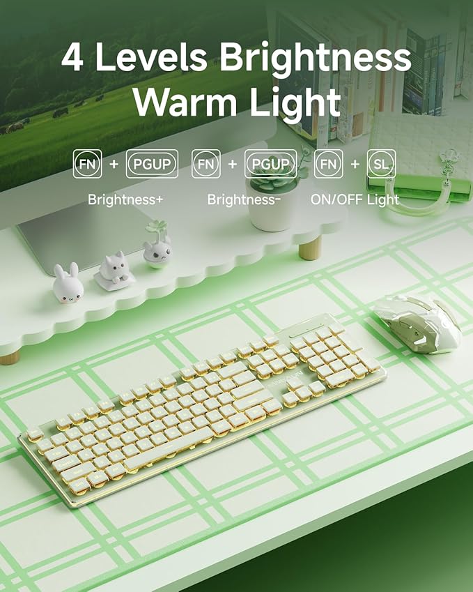 V3 Wireless Keyboard and Mouse with Single Backlit, Metal Panel, Bluetooth/2.4G Rechargeable Silent Keyboard and Mouse Combo Light up Full Size Cute Keyboards-Green