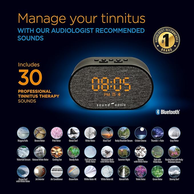 Sound Oasis® Bluetooth Tinnitus Sound Therapy System® Alarm Clock - Sleep Better, Manage and Mask Tinnitus, 30 Built-in Sounds for Tinnitus Relief, Sleep-Friendly Lighting, Travel Friendly (BST-150T)
