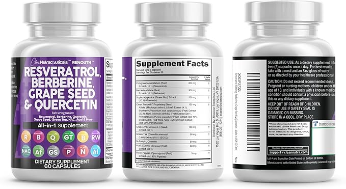 Clean Resveratrol Supplement | Berberine Grape Seed Extract Quercetin Green Tea Extract Acai Noni Polyphenol Supplement for Women & Men Anti Aging N-Acetyl Cysteine NAD Booster