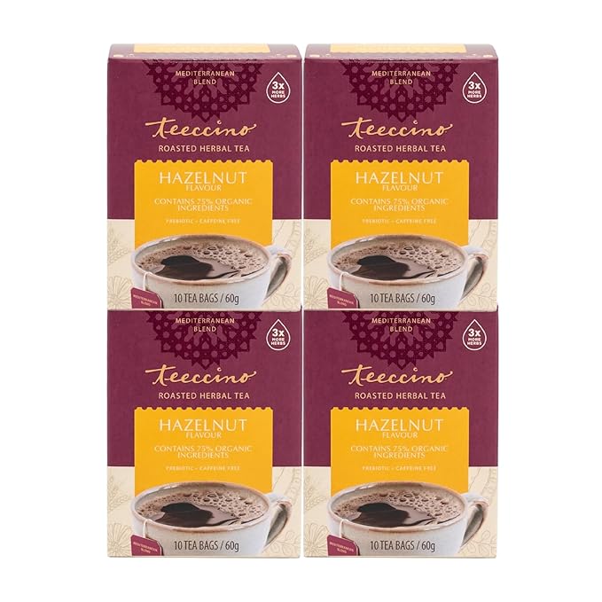 Teeccino Hazelnut Herbal Tea - Rich & Roasted Herbal Tea That’s Caffeine Free & Prebiotic for Natural Energy, 10 Tea Bags (Pack of 4)