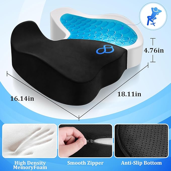 Seat Cushion, Gel Chair Cushions, Office Chair Cushions, Anti-Slip Bottom & Removable Cover Tailbone Pain Relief Cushion, Memory Foam Seat Cushion for Office, Wheelchair, Car (Black)
