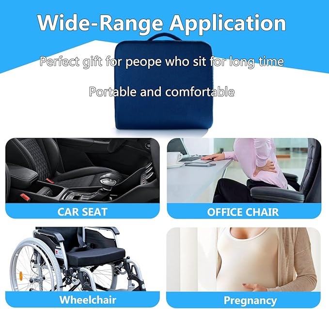 YOUFI Extra Thick Large Seat Cushion -19 X 17.5 X 4 Inch Gel Memory Foam Cushion with Carry Handle Non Slip Bottom - Pain Relief Coccyx Cushion for Wheelchair Office Chair (Blue (1PACK))