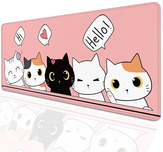 Cute Cats Desk Pad Mouse Pad,Cute Cartoon Lofi Cats Pink Mouse Mat Large,Stitched Edges Non-Slip Waterproof Rubber Base Mouse Mat for Office Home Work Gaming（27.5 x 11.8 in）
