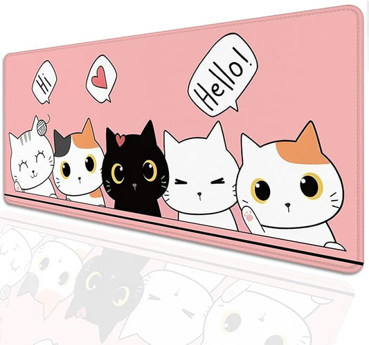 Cute Cats Desk Pad Mouse Pad,Cute Cartoon Lofi Cats Pink Mouse Mat Large,Stitched Edges Non-Slip Waterproof Rubber Base Mouse Mat for Office Home Work Gaming（27.5 x 11.8 in）