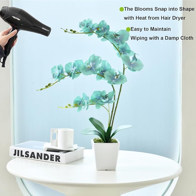 Faux Orchid in Vase Large Artificial Orchid in Ceramic Vase Teal Silk Orchids with Stems Real Look Potted Fake Flowers Arrangement Centerpiece Table Decorations for Home Decor Indoor, Golden Blue