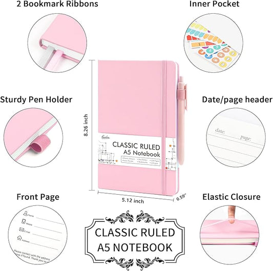 feela 3 Pack Notebooks Journals Bulk, Hardcover Notebook Classic Ruled Lined Journals with Pen Holder for Women Girls School Business Supplies, with 3 Black Pens, 120 GSM, 5.1”x8.3”, A5, Rose Pink