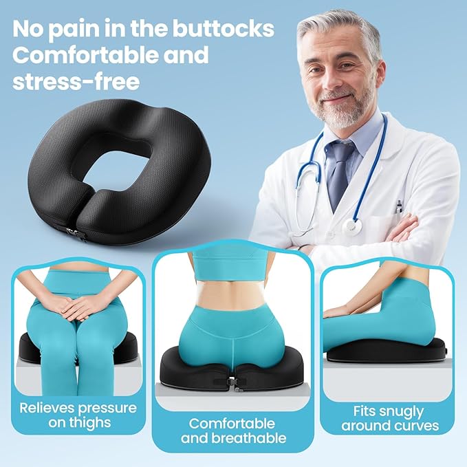 Benazcap Donut Pillow Seat Cushion for Tailbone Pain Relief, Strong Support Memory Foam Hemorrhoid Pillow by Ergonomic for Coccyx, Sciatica, Pregnancy, Postpartum