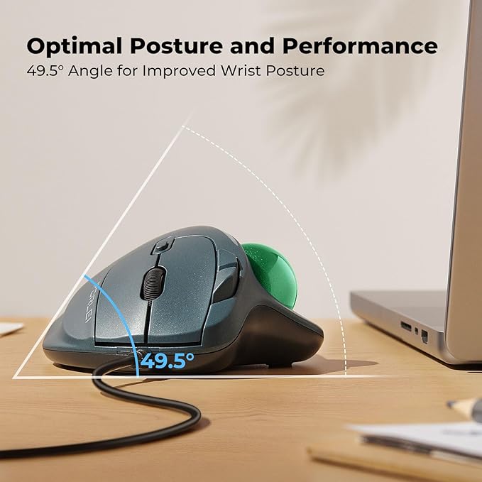 Wired Trackball Mouse with RGB Lighting, Ergonomic Thumb Control to Reduce Muscle Strain, 5 Adjustable DPI, Dual USB-C & USB-A Connectivity, Compatible with PC, Laptop, Mac, Windows-Green
