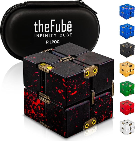 PILPOC theFube Infinity Cube Fidget Desk Toy - Aluminum Infinite Magic Cube with Case, Sturdy, Heavy, Relieve Stress and Anxiety, for ADD, ADHD, OCD (Black Red)