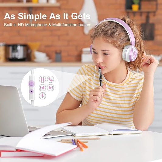 AILIHEN MS300 Purple Girl Headphones Wired with Microphone for Chromebook Laptop Computer, 3.5mm Foldable Lightweight on-Ear Headphones for School Teen Students