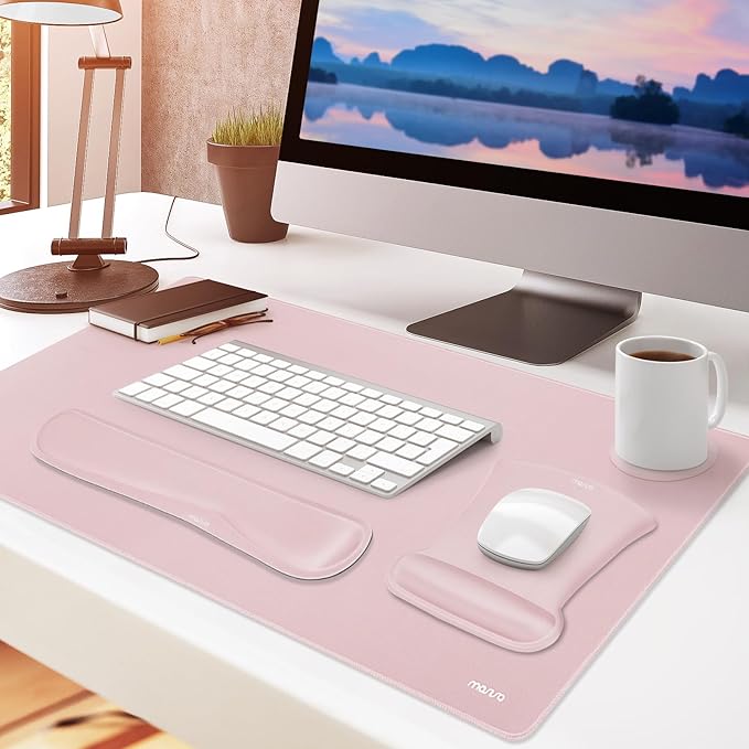 MOSISO Keyboard Mouse Pad Set, Large Gaming Mousepad&Keyboard Wrist Rest&Mouse Wrist Rest&Coaster, Ergonomic Non-Slip Mousepad&Easy Typing Cushion with Memory Foam for Home Office, Pink