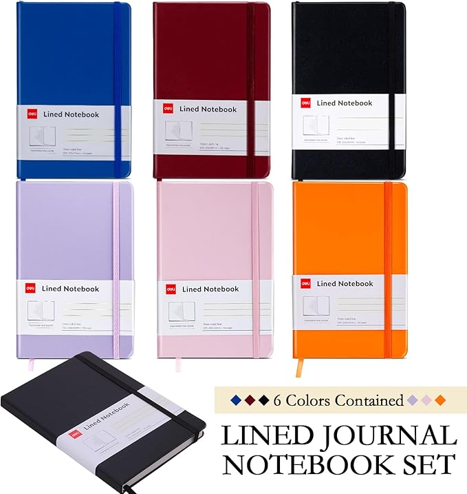 deli 6-Pack Lined Journal Notebook, 160 Pages Hardcover Writing Notebook, A5 (5.5"x8.2") College Ruled Notebook for Office, School, Work Notes