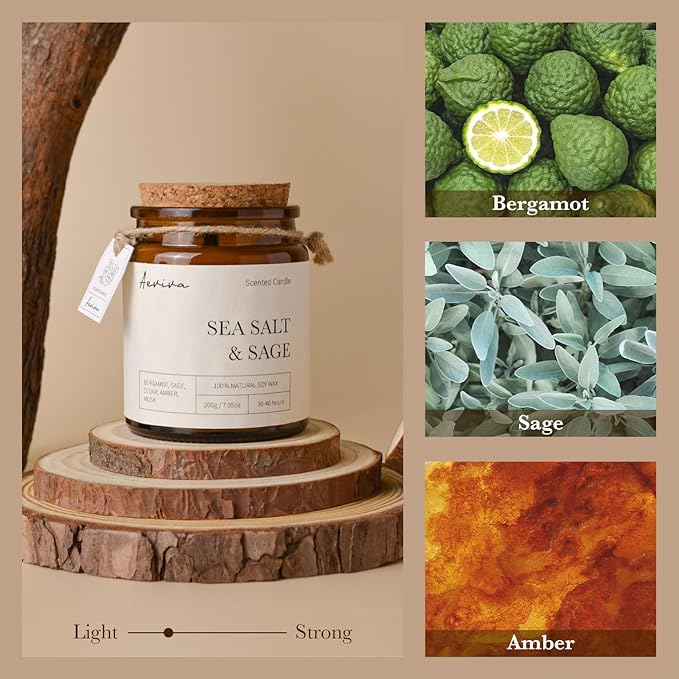 Scented Candle, 7.05 oz Sea Salt & Sage Aromatherapy Candle, Natural Soy Wax with Wooden Wick, Candles for Home Scented, Stress Relief Amber Jar Candle Gifts