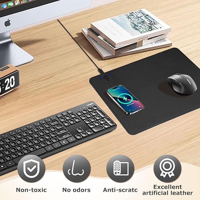 Wireless Charging Mouse Pad Firelison 2 in 1 Leather Multifunctional Office Desk Pad with Non-Slip Rubber Base, Waterproof Desk pad for Computers/Office/Work/Home/Decor（ 12" x 10"Black - L）