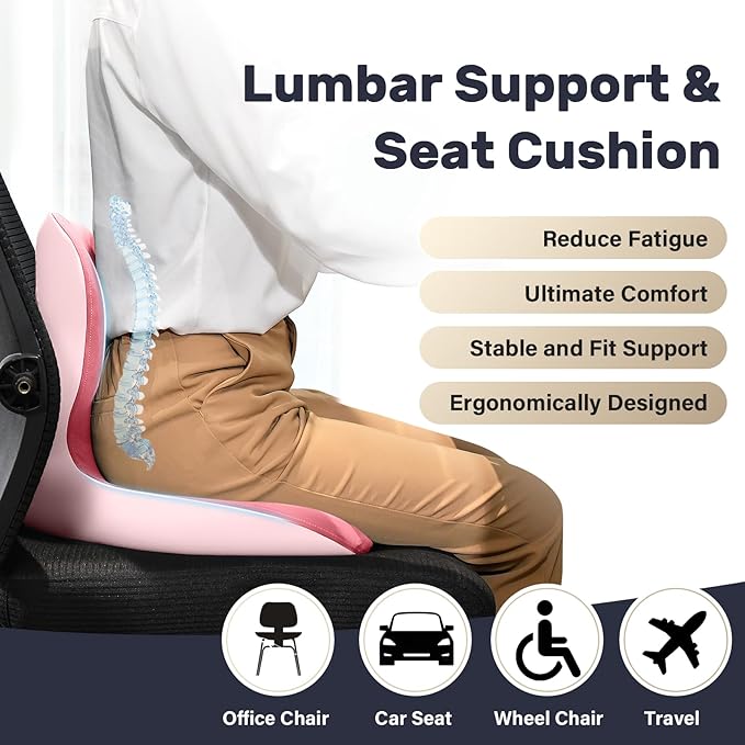Coverado Seat Cushion and Lumbar Support Pillow One Piece for Car Office Chair, Ergonomic Memory Foam Desk Chair Cushion Back Support Pillow, Sciatica & Back & Tailbone Pain Relief Cushion-Pink