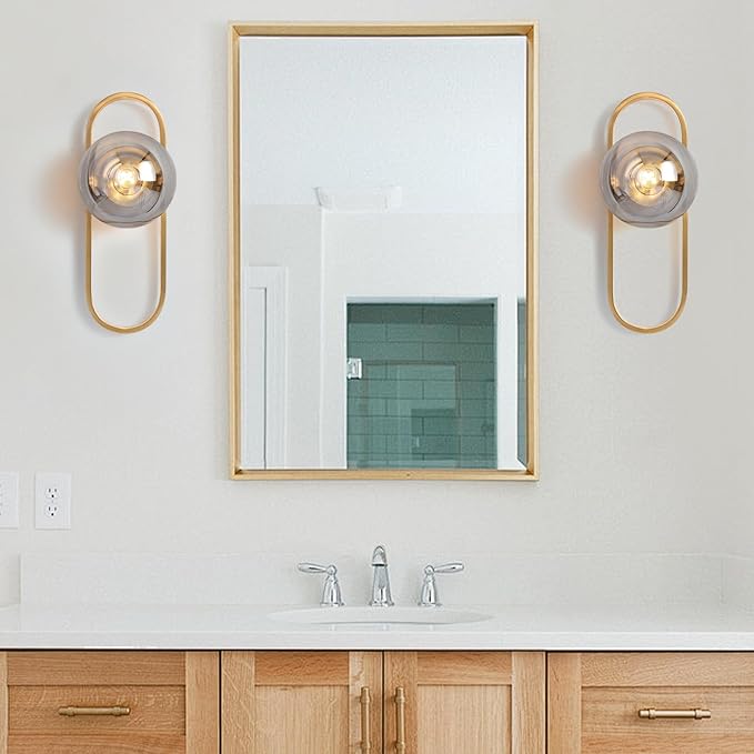 Wall Sconces Set of Two Gold Wall Lamp Sconces Wall Lighting with Grey Globe Glass Shade Wall Lights Sconces Wall Decor Set of 2 Wall Lights for Living Room Wall Lamps for Bedrooms Set of 2