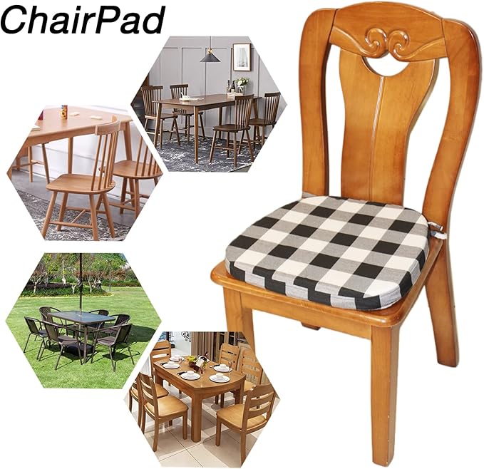 Chair Cushion with Ties for Dining Chair - Memory Foam No Slip Kitchen Chair pad and Dining Room Seat Cushion with Machine Washable Cover [16.5 X 16.2 Inches] - (Black White,4)