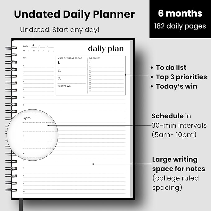 Large Daily Planner with Hourly Schedule, 8.5" x 11" Undated 6-Month Planner, Full Page a Day, 2025-2026 Calendar, To Do List, Time Blocking, Black Aesthetic Hardcover Spiral Notebook for Work Tasks