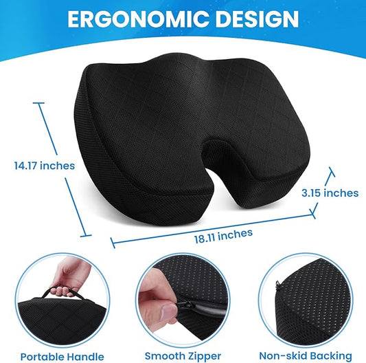 TushGuard Office/ Car Seat Cushion, Non-Slip Sciatica & Back Coccyx Tailbone Pain Relief Chair Pad, Memory Foam Butt Pillow for Computer Desk, Wheelchair, Driving (Black)