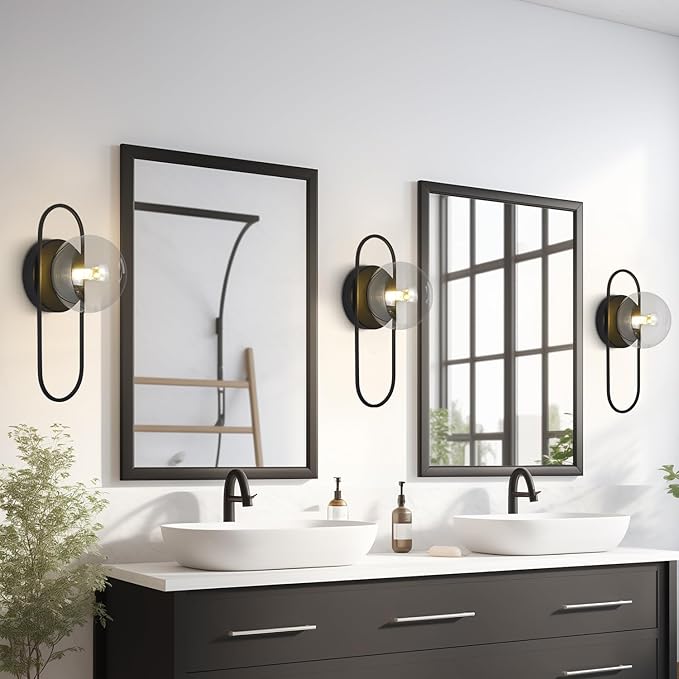 Mid Century Modern Black Wall Sconce Bubble Glass Globe Wall Sconces Lighting Small Vintage Bathroom Vanity Light Fixtures for Bedroom Hallway