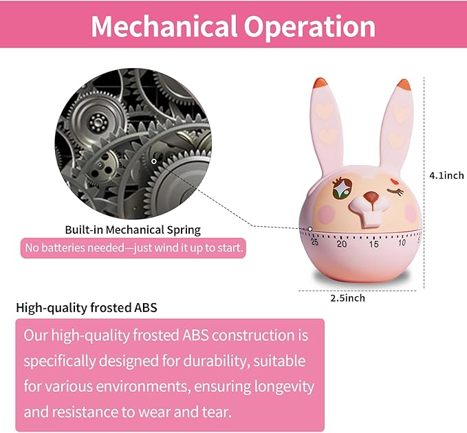Mechanical Kitchen Timer, Cute Wind Up 60-Minute Manual Countdown for Kids, Classroom, Home, Study and Cooking