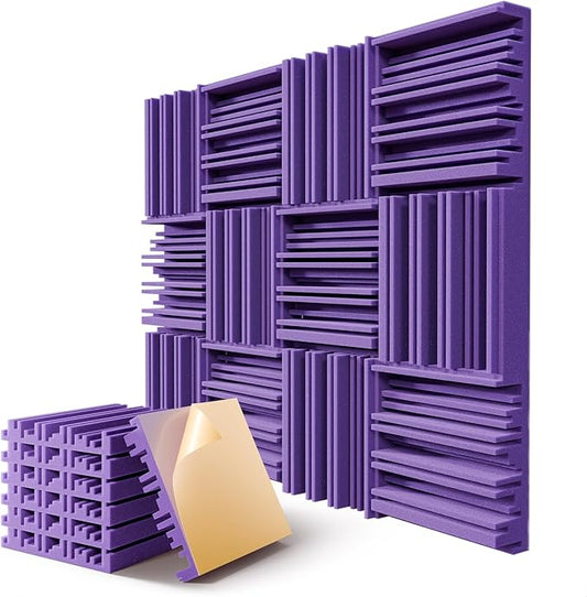 12 Pack Acoustic Foam Panels for Walls, 12" x 12" x 2" Soundproof Wall Panels, Self-Adhesive Soundproofing Padding, High Resilience Sound Absorbing Panels for Home Studios, Offices - Purple