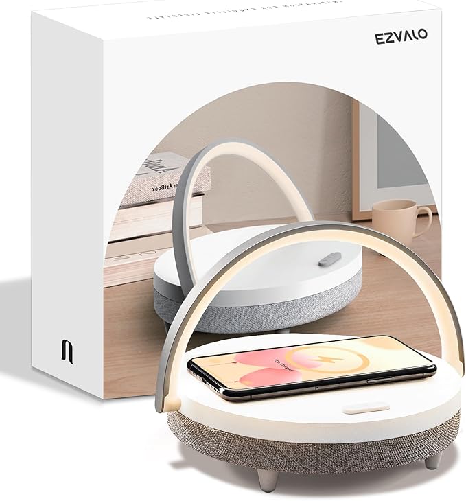 EZVALO Gift for Daughter, Music Table Lamp with Portable Bluetooth Speaker, 4 in 1 Touch Bedside Lamp with Wireless Charger, Phone Holder, Dimmable Night Light Birthday Gifts for Women, Mom