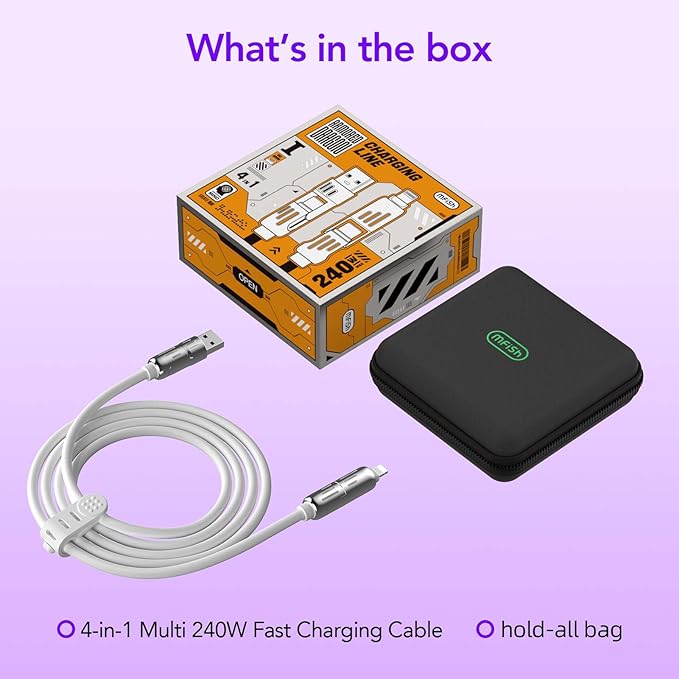 MFish 4-in-1 Universal USB Charging Cable with Carrying Case – 240W Max Fast Charger Cord, USB-A, Dual USB-C & Lighting, for iPhone 14/15/16/17 Series, iPad & MacBook and More (White, 6.6Ft)