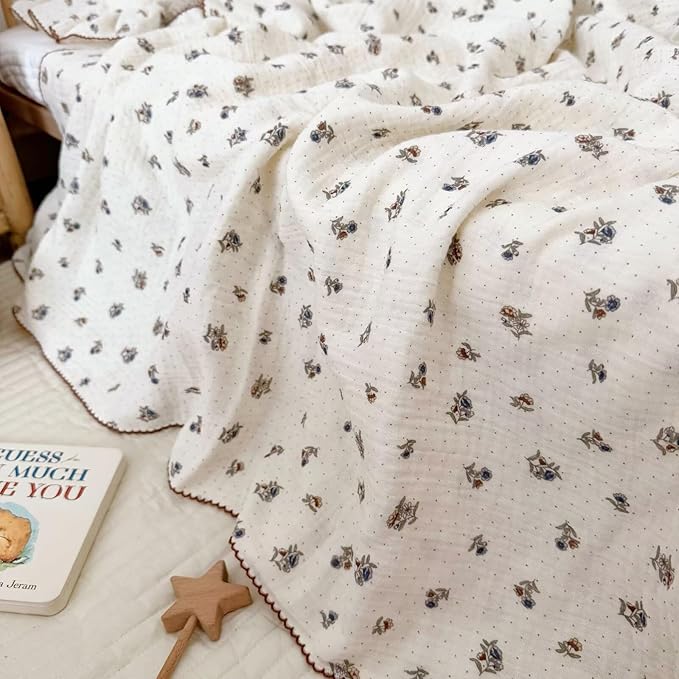 BuLuTu Large Muslin Toddler Blanket 47x51 Inch, Cottage Floral Print Baby Crib Blanket, Soft Breathable Lightweight Nursery Blankets, Pansy Flowers & Small Dots Pattern