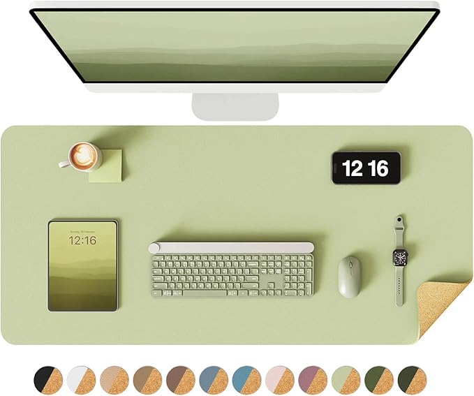 YSAGi Double-Sided Desk Pad, 35.4"x17" Leather Desk Mat, Eco Cork Desk Pad Protector,Large Mouse Pad,Waterproof Desk Blotter for Office/Home (Matcha Green/Cork)