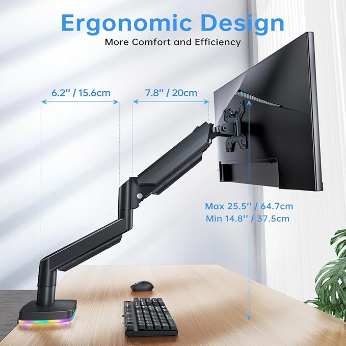 RGB Single Monitor Arm Desk Stand Gas Spring Computer Adjustable Monitor Mount for 13-32 inch Screens with RGB USB & USB-C High Speed Data Transfer C Clamp & Grommet Bases 75x75/100x100 VESA
