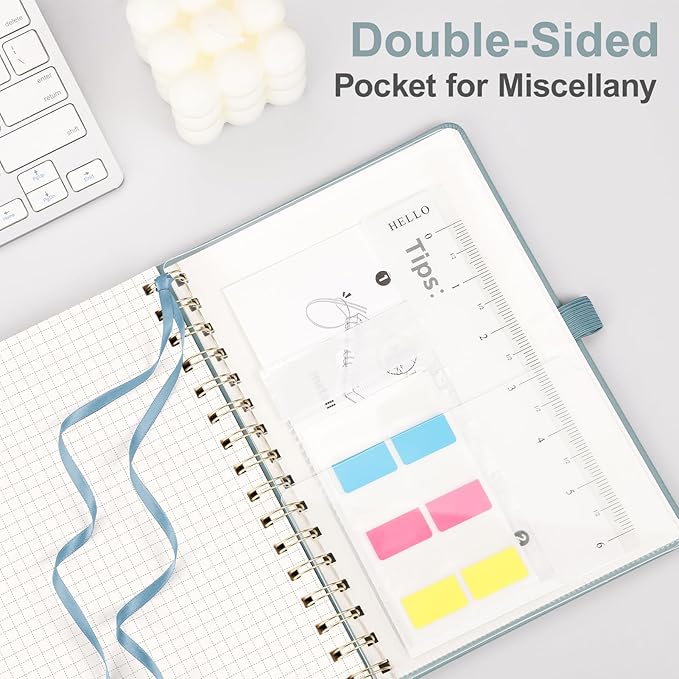 AHGXG Graph Paper Notebook - Spiral Notebook Hardcover Leather Journal 140 Pages, A5 Grid Paper Notebook 5.7" x 8.3", 100 gsm Thick Paper, for School Writing Graphing Engineering, GrayBlue