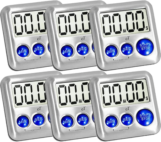 Elegant Digital Kitchen Timer Stainless Steel - Strong Magnetic Back - Kickstand - Loud Alarm - Large Display - Auto Memory - Auto Shut-Off - Model eT-24 (Plumberry 6-Pack) by eTradewinds