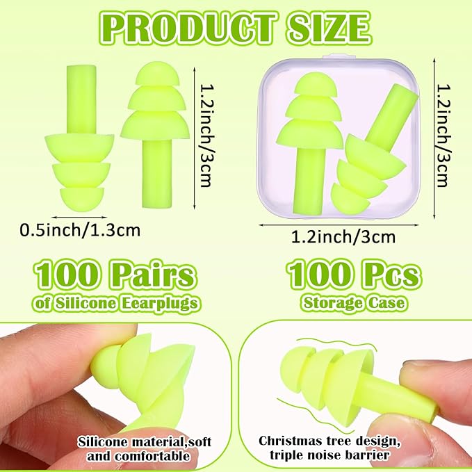 TrelaCo 100 Pairs Ear Plugs Bulk, NRR 29dB Reusable Silicone Ear Plugs with Plastic Cases Soft Foam for Sleeping Noise Cancelling for Concerts Shooting Swimming Noise Reduction(Neon Green)