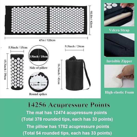 XiaoMaGe Acupressure Mat and Pillow Set with Bag - Extra Long Acupuncture Mat for Neck & Back Pain Relief- Naturally Relaxation Gift for Women - Stress Relief Massage Mat (Black)