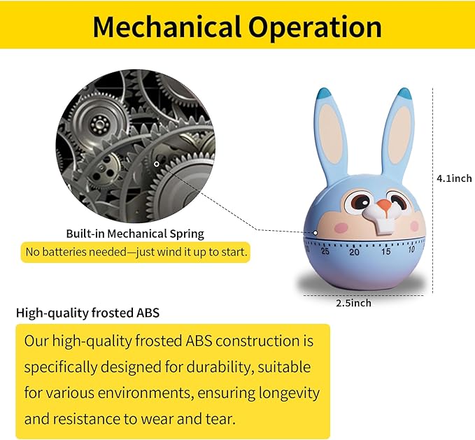 Mechanical Kitchen Timer, Cute Wind Up 60-Minute Manual Countdown for Kids, Classroom, Home, Study and Cooking