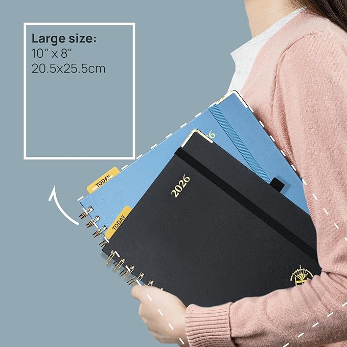 POPRUN 2026 Planner (Large Size 10'' x 8'' Wire-Bound Hard Cover) Daily Weekly and Monthly Calendar - Agenda 2026 (Jan.2026-Dec.2026) with Hourly Schedule, Monthly Tabs - Light Yellow