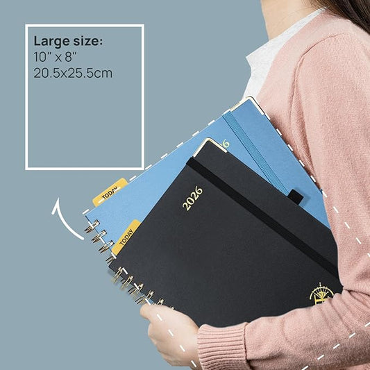 POPRUN 2026 Planner (Large Size 10'' x 8'' Wire-Bound Hard Cover) Daily Weekly and Monthly Calendar - Agenda 2026 (Jan.2026-Dec.2026) with Hourly Schedule, Monthly Tabs - Light Yellow