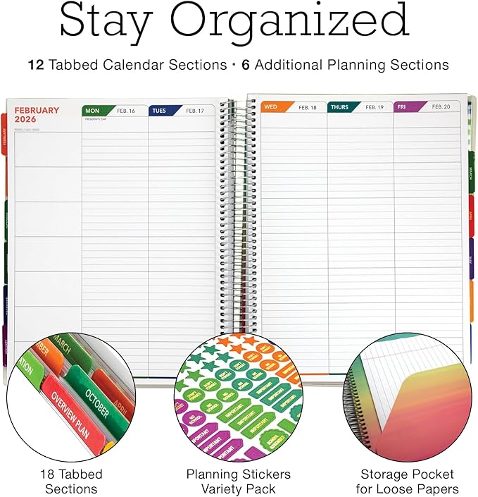 Aug 2025-Jul 2026 Deluxe Teacher Planner Notebook 8.5x11 Daily Weekly Monthly Organizers with 7 Periods, Pocket Folder, Dated Calendar, Page Tabs, Bookmark and Planning Stickers (Tree Seasons)