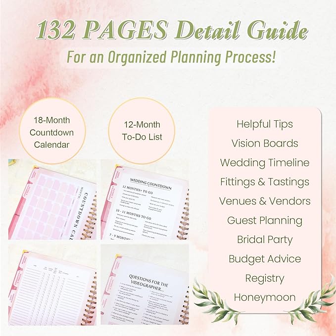 Wedding Planner For Bride-Bridal Wedding Planning binder With 5 Tabbed Sections+Wedding Countdown Calendar,Unique Engagement Gifts For Couples,White Rose